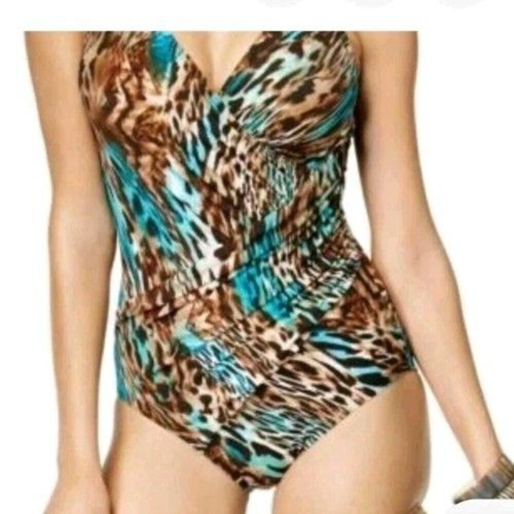 Miraclesuit Cheetah Printed one-piece Swimsuit Size XL Crossover drapes Cruise